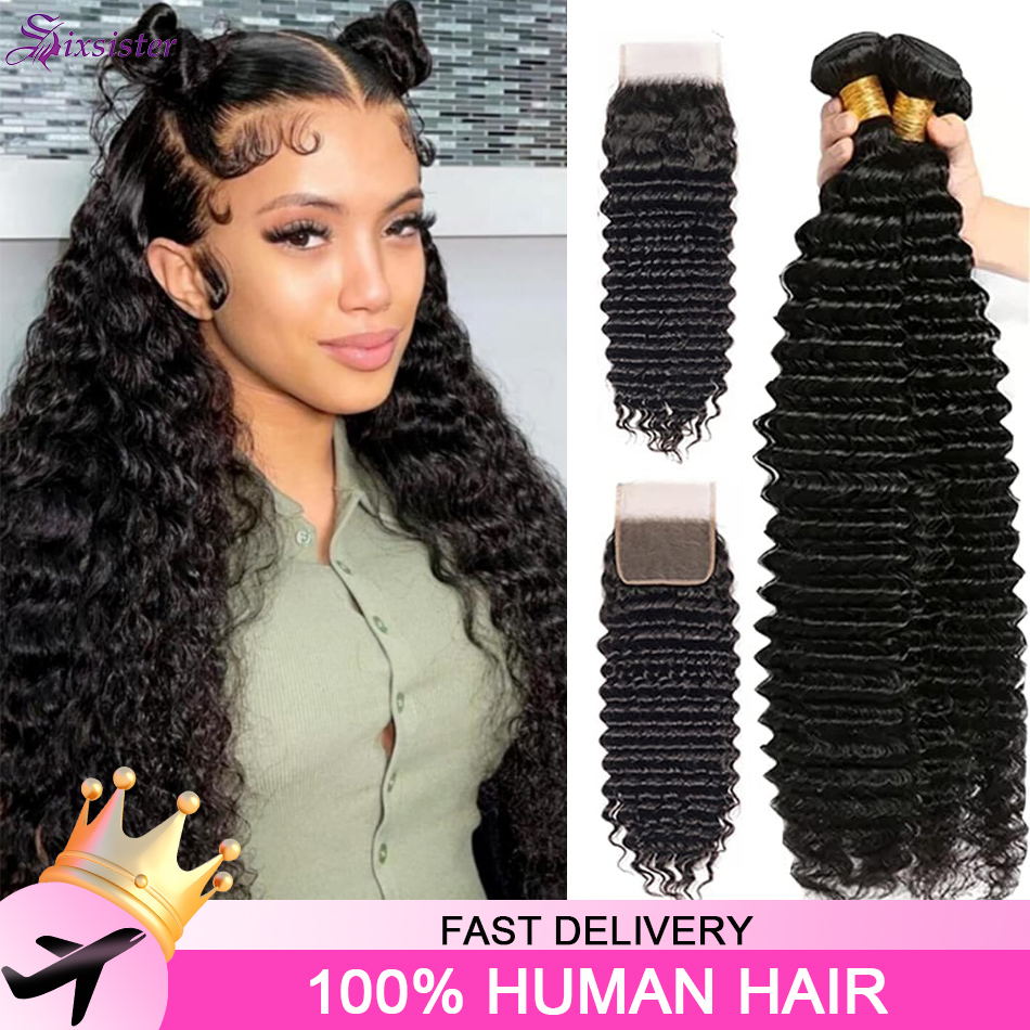 Deep Wave 3 Bundles With Closure - Lots de Cheveux Humains Ondulés Profonds