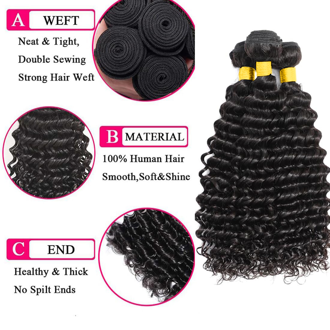 Paquets de cheveux humains ave - Deep Wave 3 Bundles With Closure avis et prix